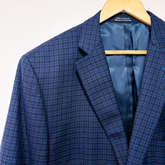 ALFRED SUNG Navy plaid wool blazer | Tailored classic mens jacket | 48 Long * - Picture 3 of 7